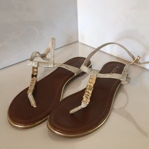 Used. Aldo Gold /Beige strap flat sandals.